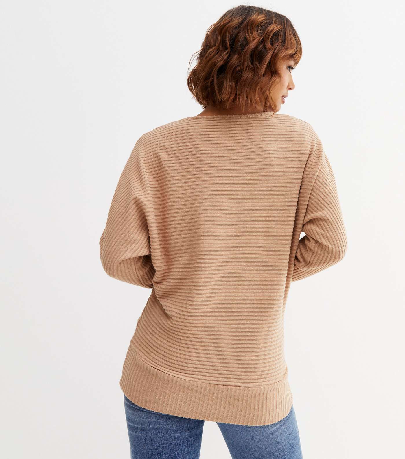 Camel Ribbed Fine Knit Batwing Top Image 4