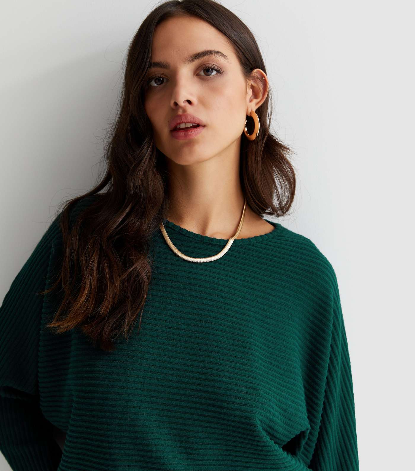 Dark Green Ribbed Fine Knit Batwing Top