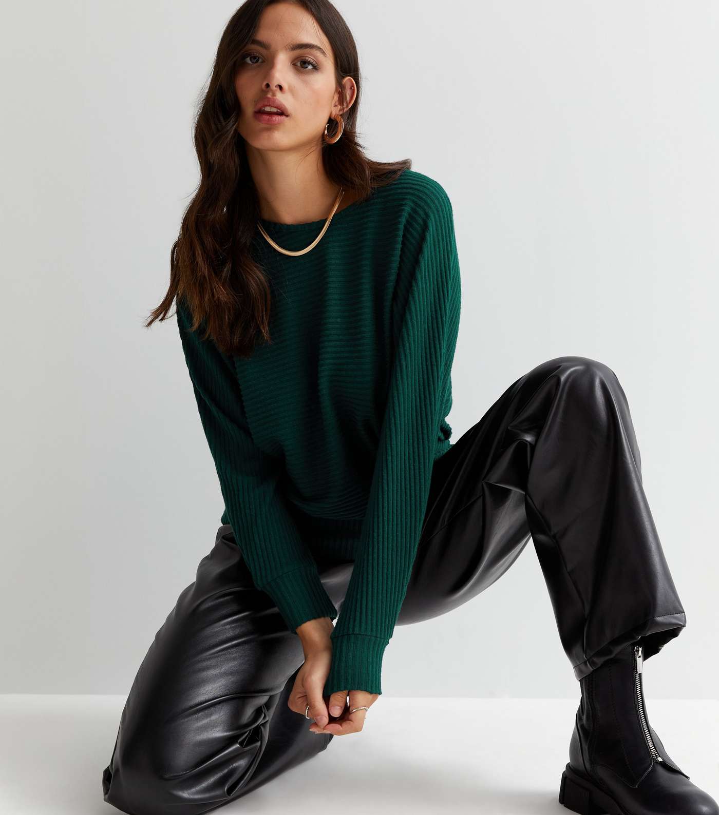 Dark Green Ribbed Fine Knit Batwing Top Image 3