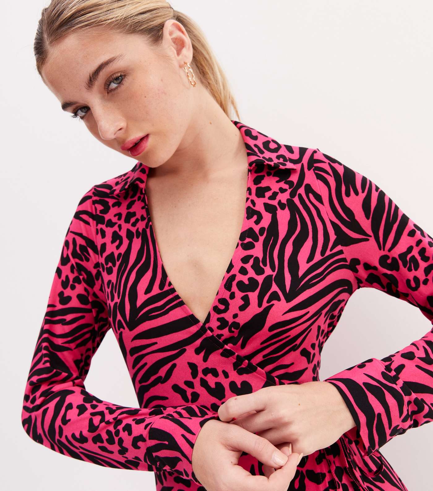 Pink Animal Print Collared Midi Wrap Dress Image 2