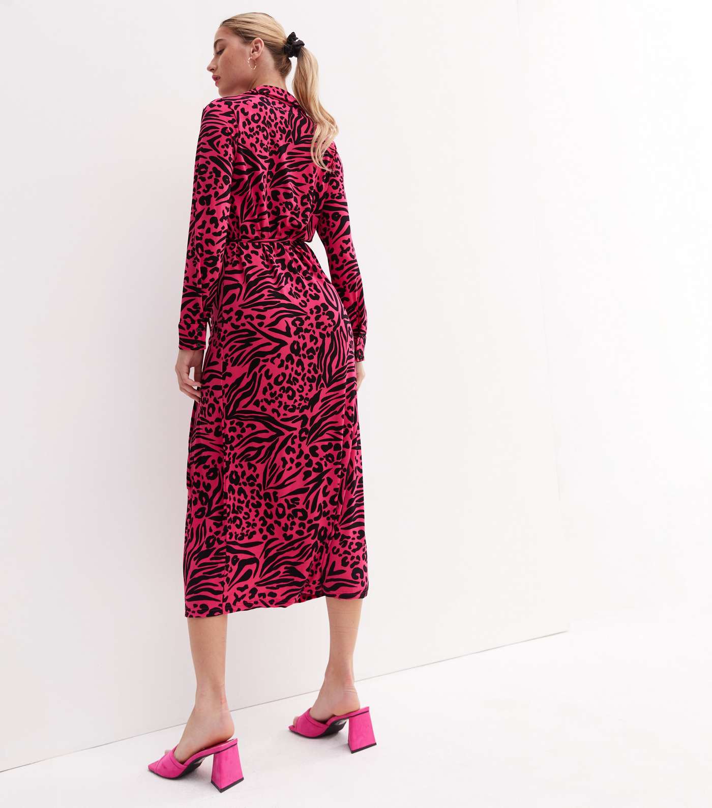 Pink Animal Print Collared Midi Wrap Dress Image 4
