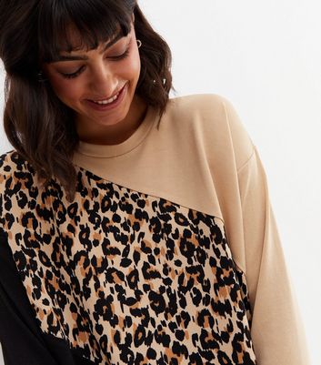 Brown Leopard Print Colour Block Fine Knit Jumper New Look