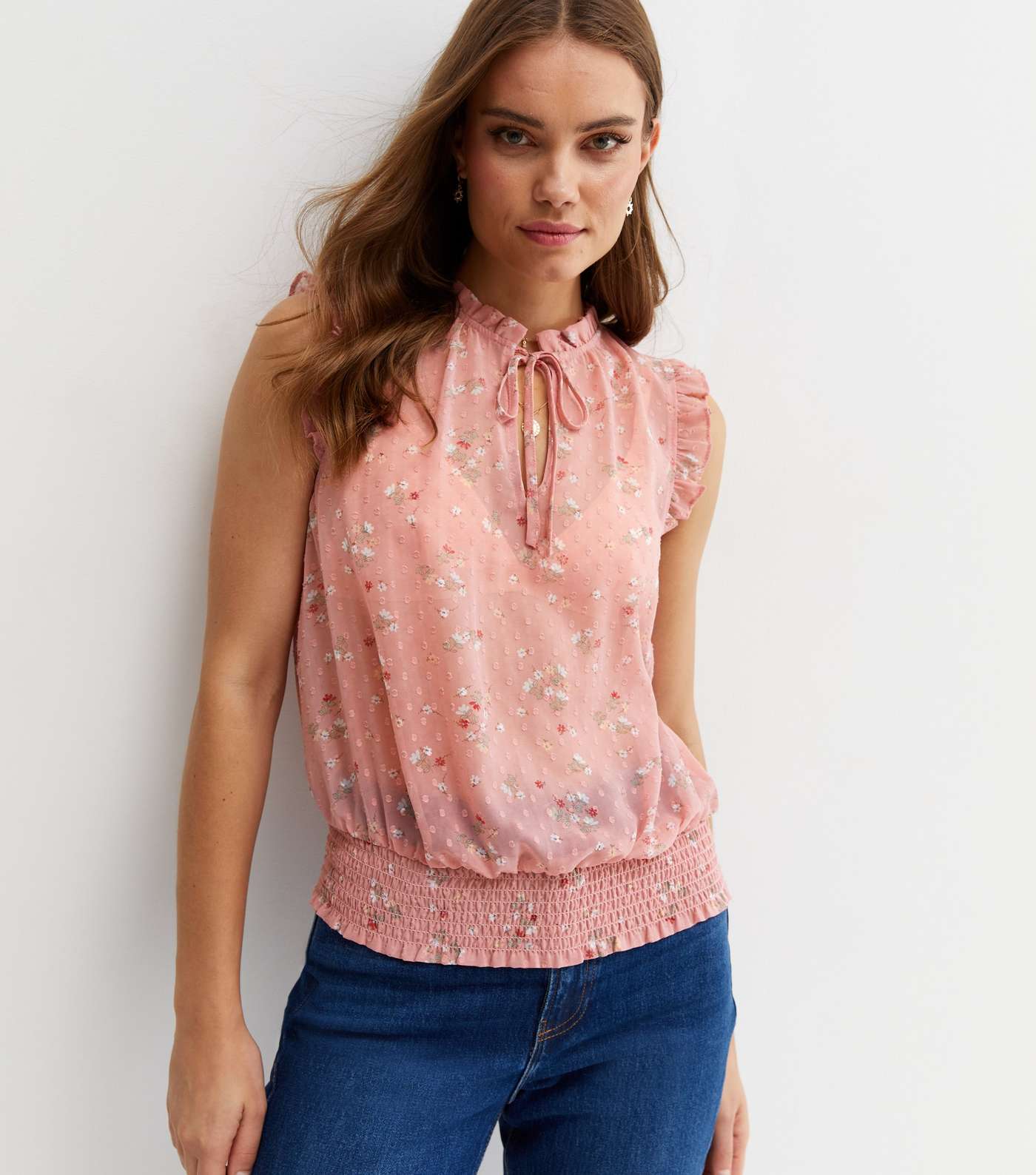 Pink Ditsy Floral Flocked Chiffon Frill Top Image 2