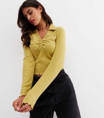 Light Green Fine Knit Ruched Front Collared Polo Top