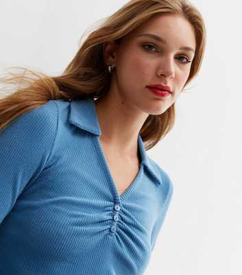 Blue Fine Knit Ruched Front Collared Polo Top