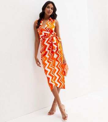 Orange Chevron Satin Collared Midi Wrap Dress