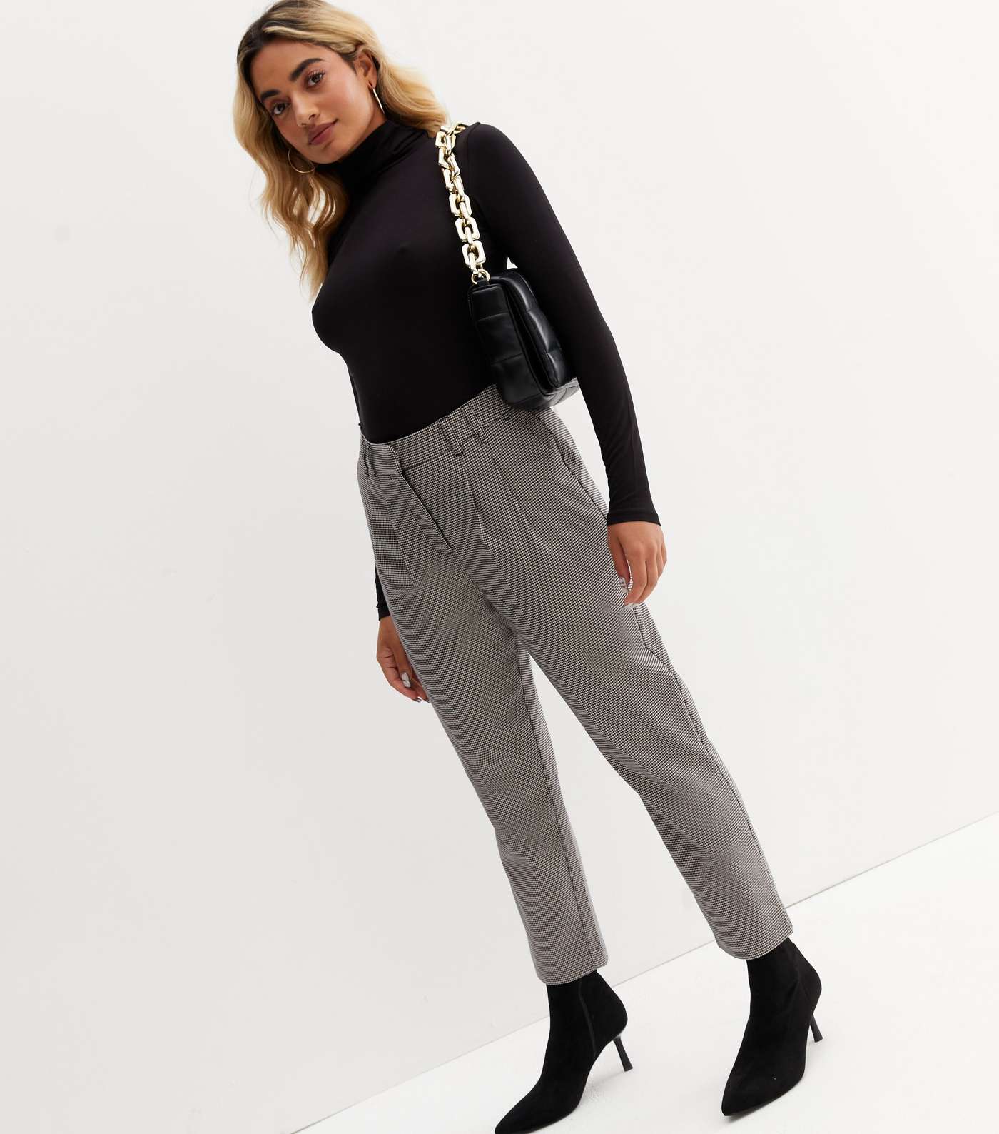Petite Brown Check High Waist Tapered Trousers