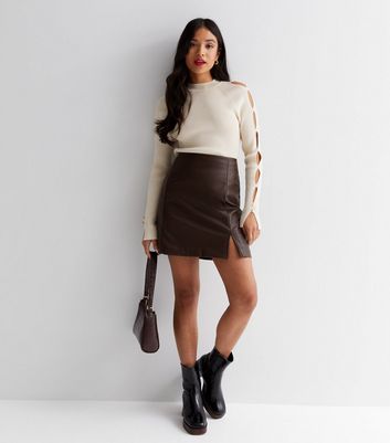 Brown leather skirt petite best sale