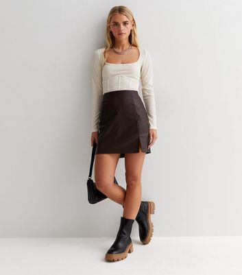 High waisted leather shop skirt new look