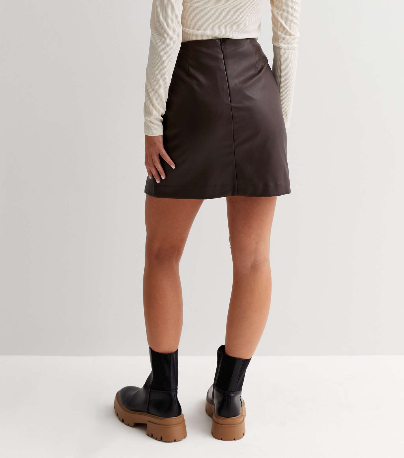 Petite Brown Leather-Look High Waist Skirt Image 4