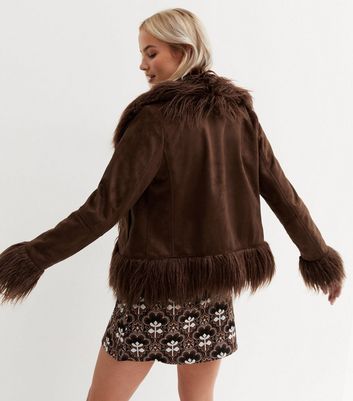 Dark Brown Suedette Faux Fur Trim Coat New Look