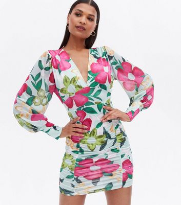 Parisian Green Floral Ruched Bodycon Mini Dress New Look