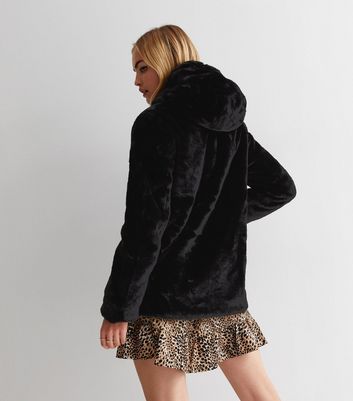 Black Faux Fur Hooded Coat New Look