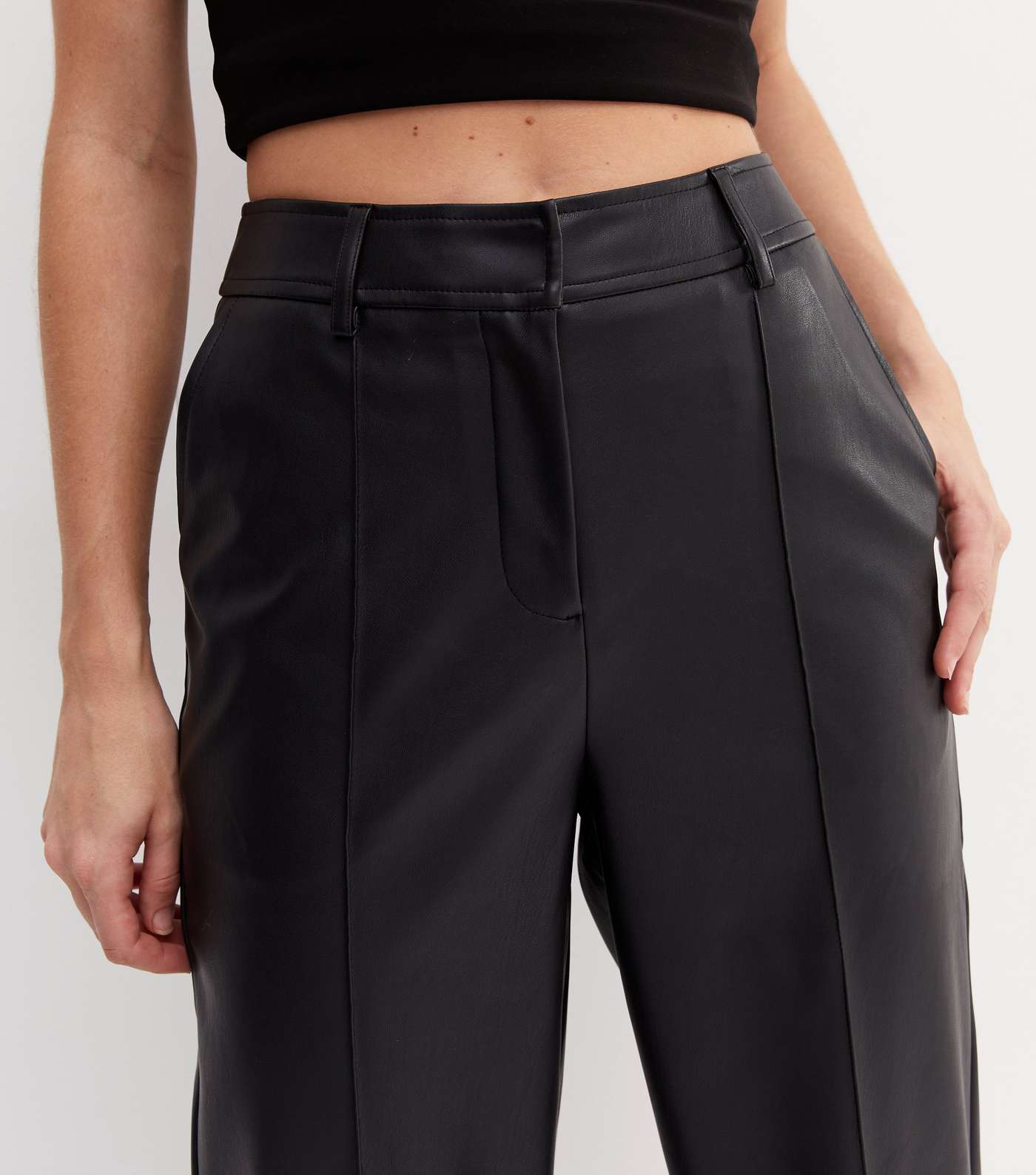 Black Leather-Look Wide Leg Trousers Image 3
