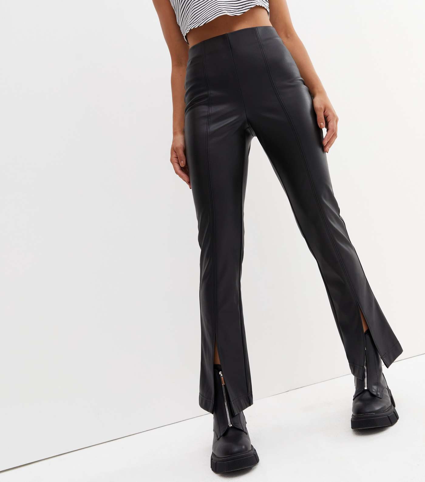Black Leather-Look Split Hem Trousers Image 2