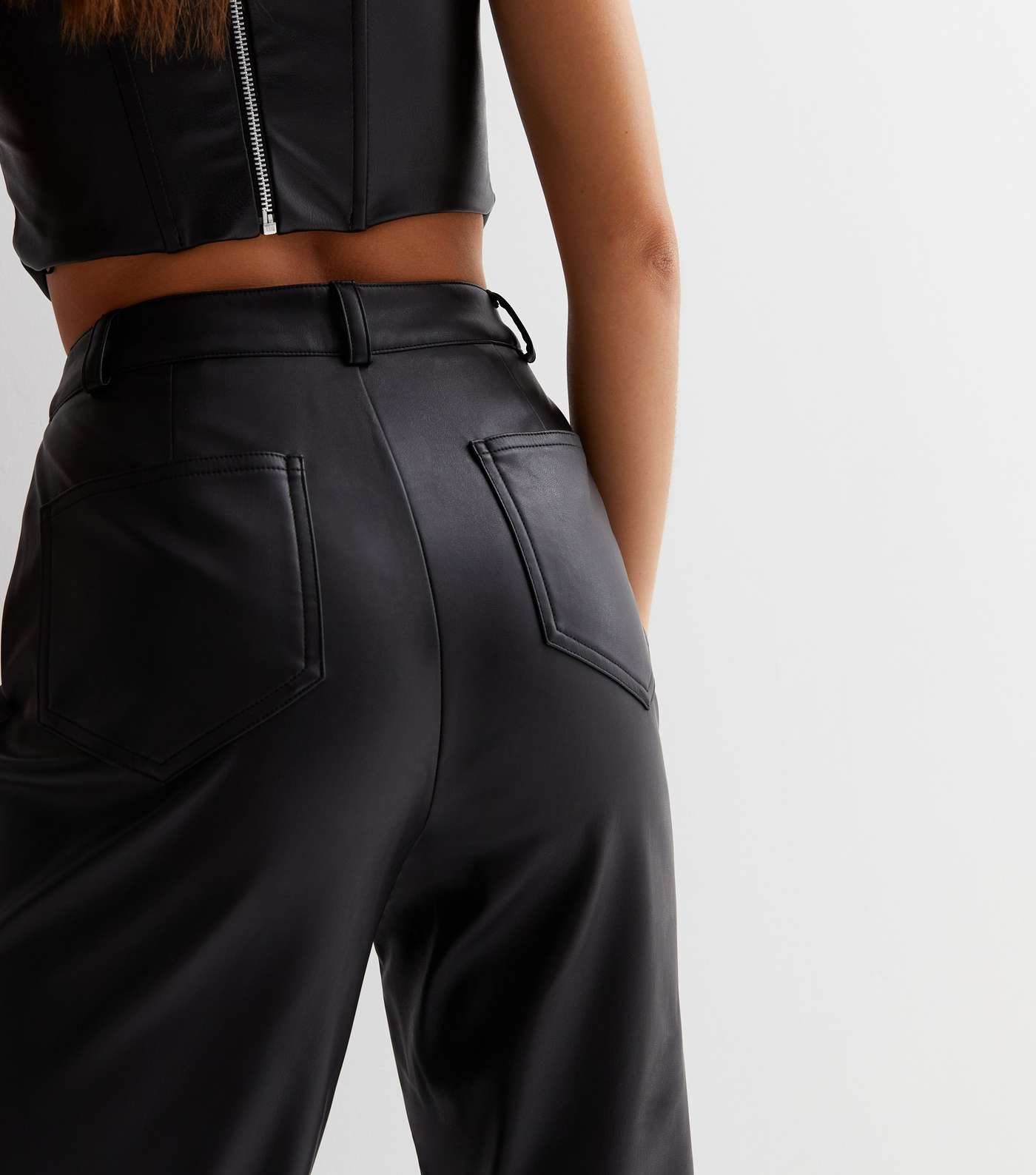 Black Leather-Look Wide Leg Utility Trousers Image 3