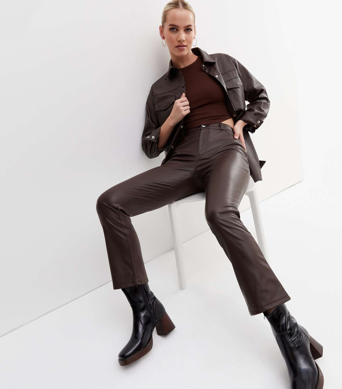 Dark Brown Leather-Look Trousers