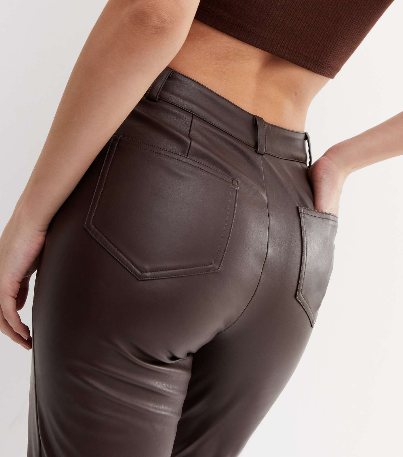Dark Brown Leather-Look Trousers Image 3
