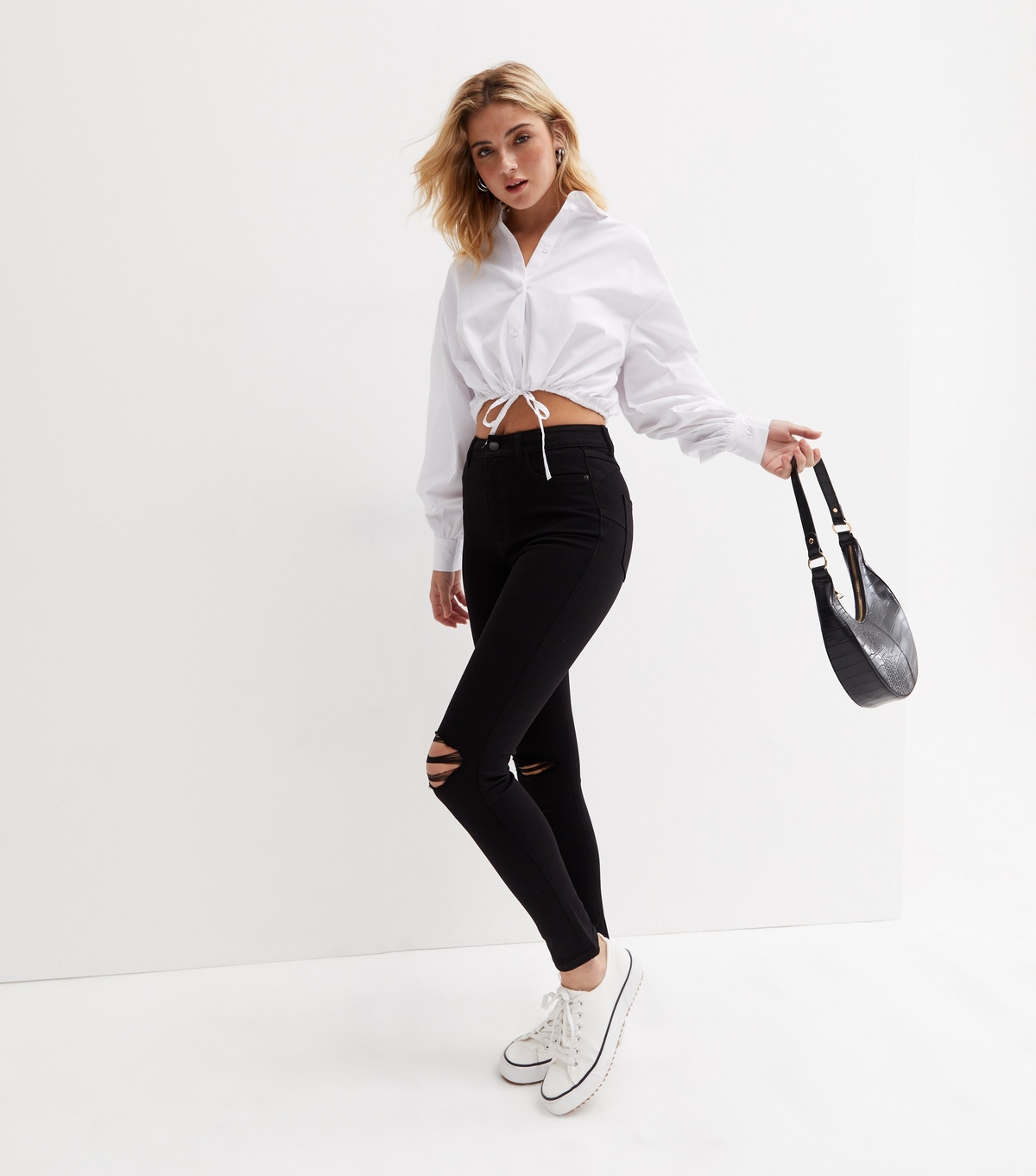 Women's Black Ripped Knee Lift & Shape Jenna Skinny Jeans New Look