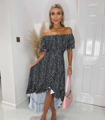 Missfiga Black Animal Print Bardot Midi Wrap Dress