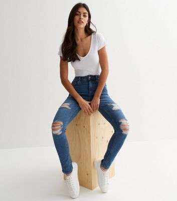 Blue Ripped Mid Rise Amie Skinny Jeans