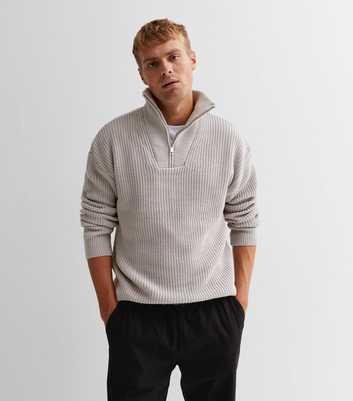 Pale Grey Relaxed Fit Zip Neck Fisherman Jumper