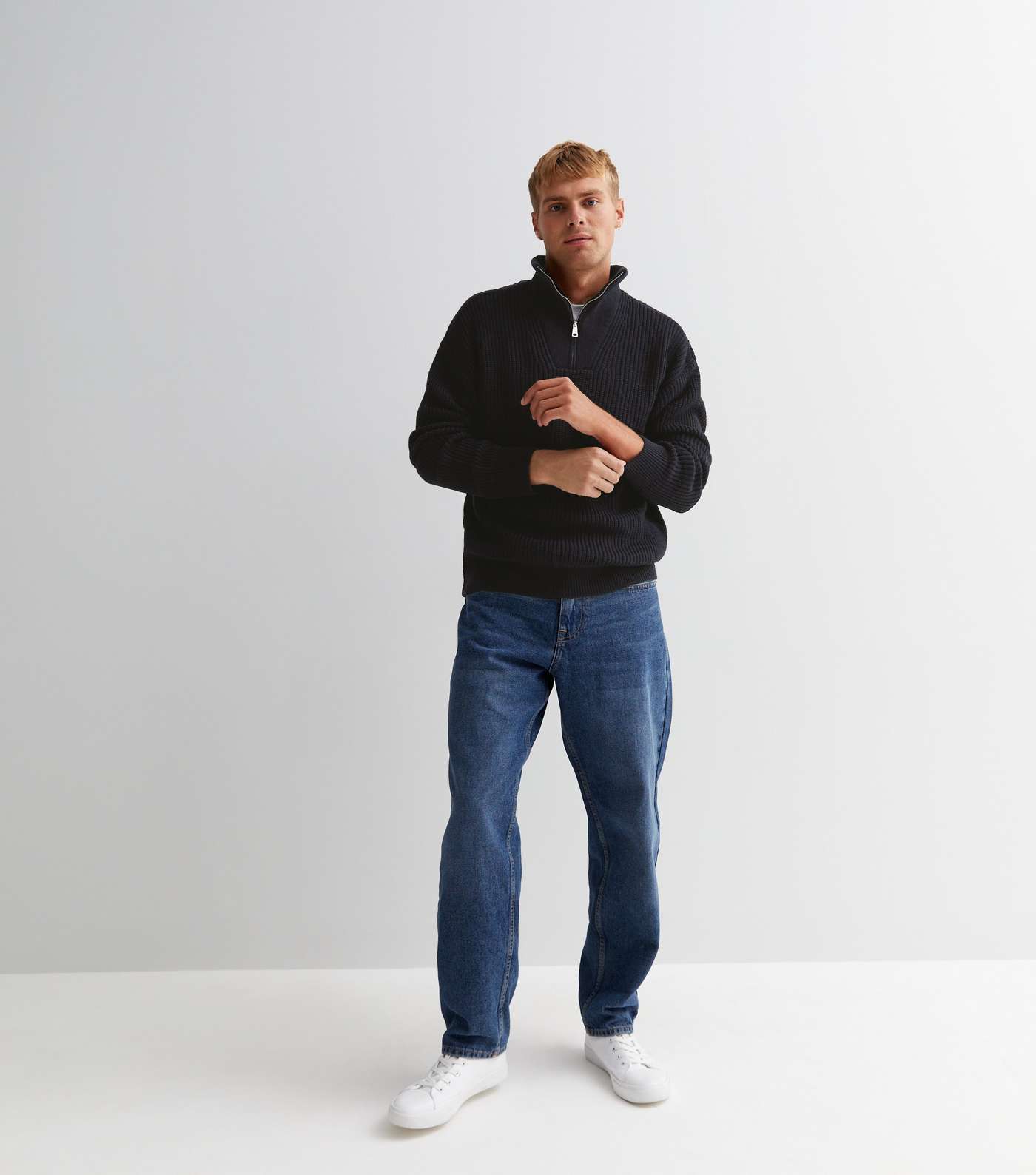 Navy Relaxed Fit Zip Neck Fisherman Jumper Image 2