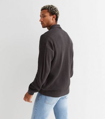 Dark Grey Ribbed Knit Shawl Neck 