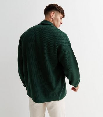 Dark Green Ribbed Knit Shawl Neck Cardigan New Look