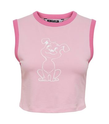 Neon Nylon Mid Pink Dog Print Crop Top New Look