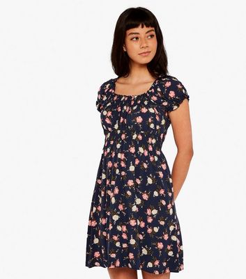 Apricot Navy Floral Shirred Puff Sleeve Mini Dress New Look