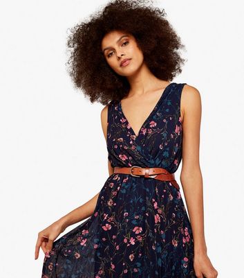 Apricot Navy Floral Pleated Midi Wrap Dress New Look