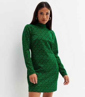 Petite Green Jacquard Geometric High Neck Mini Dress New Look