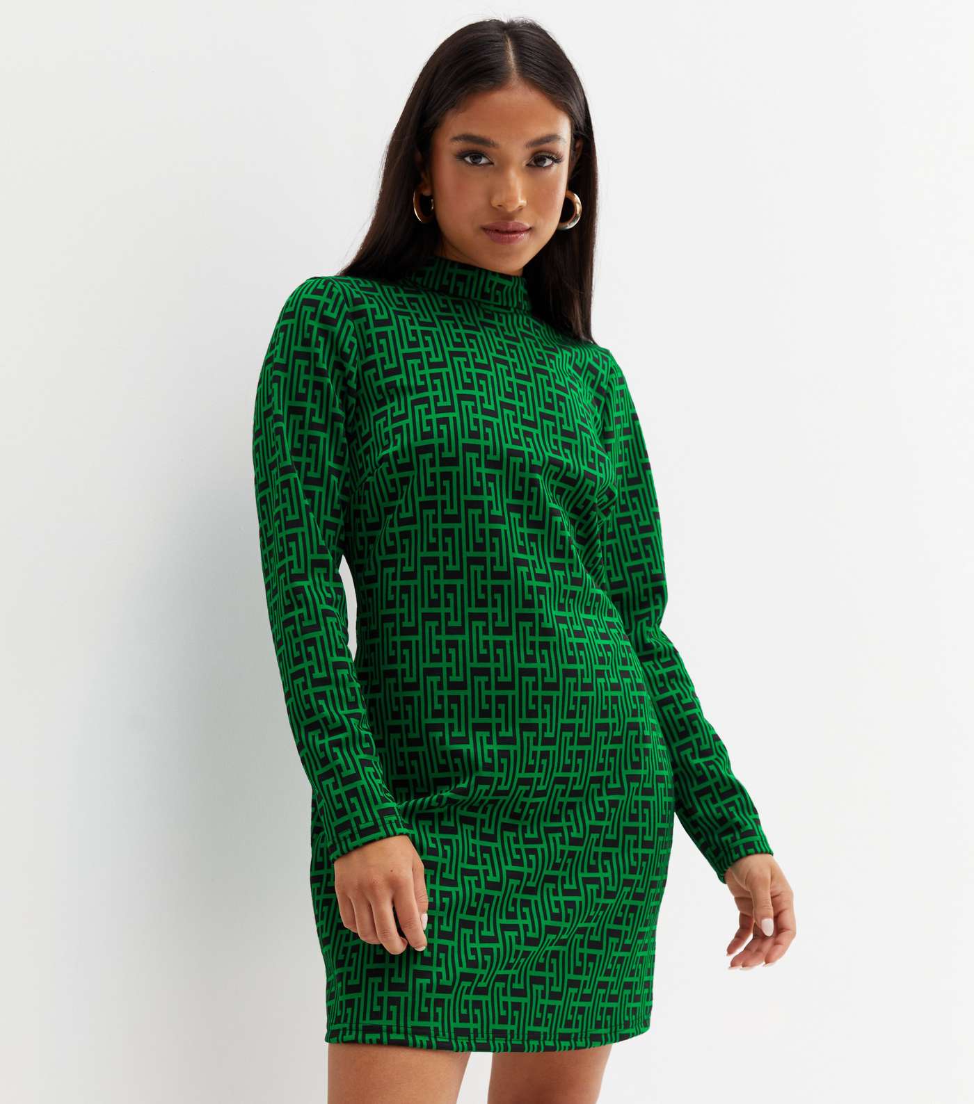 Petite Green Jacquard Geometric High Neck Mini Dress