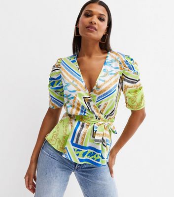 Green Satin Chain Wrap Top | New Look