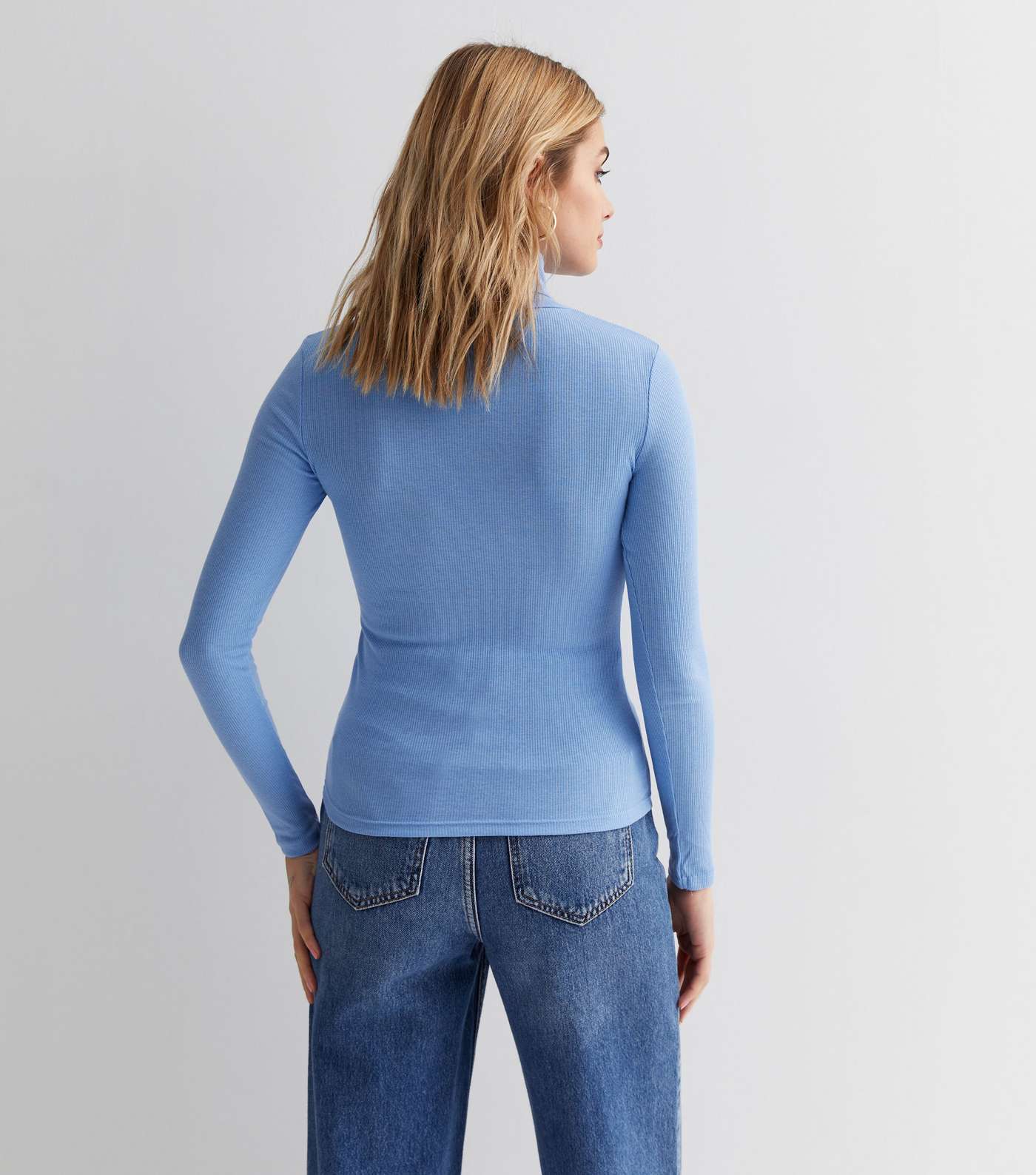 Pale Blue Ribbed Long Sleeve Roll Neck Top Image 4