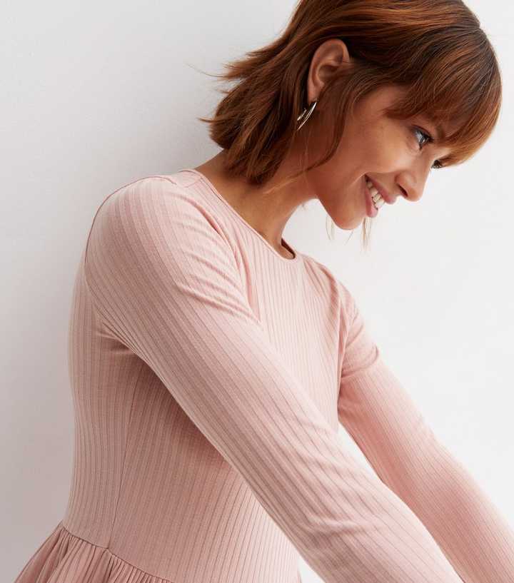 Pale Pink Ribbed Long Sleeve Peplum Top