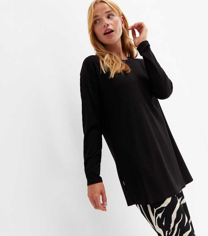 Black Ribbed Long Split Hem Long Sleeve Top