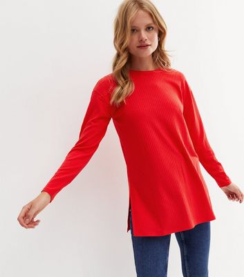 Red Ribbed Long Split Hem Long Sleeve Top | New Look