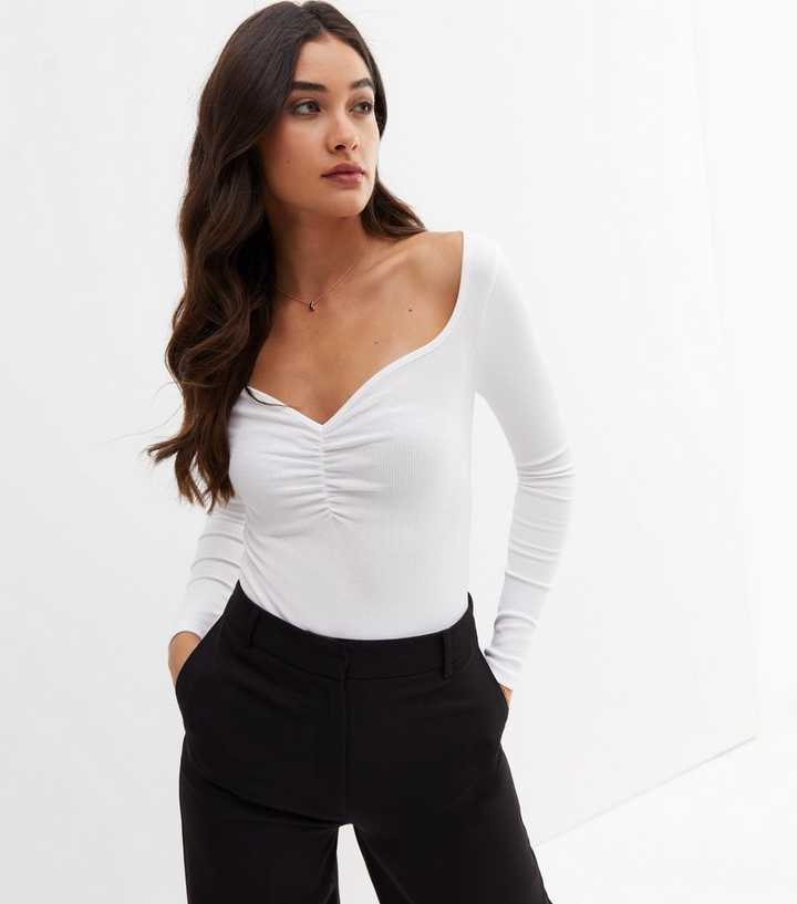 White Ribbed Sweetheart Neck Long Sleeve Top