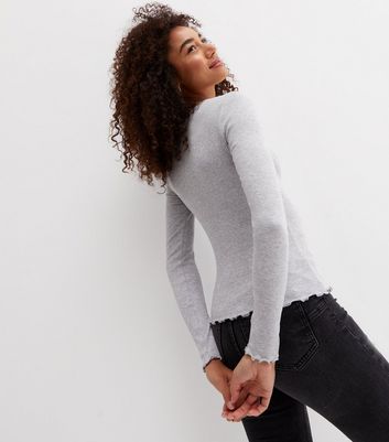 Grey Ribbed Frill Long Sleeve Top | New Look