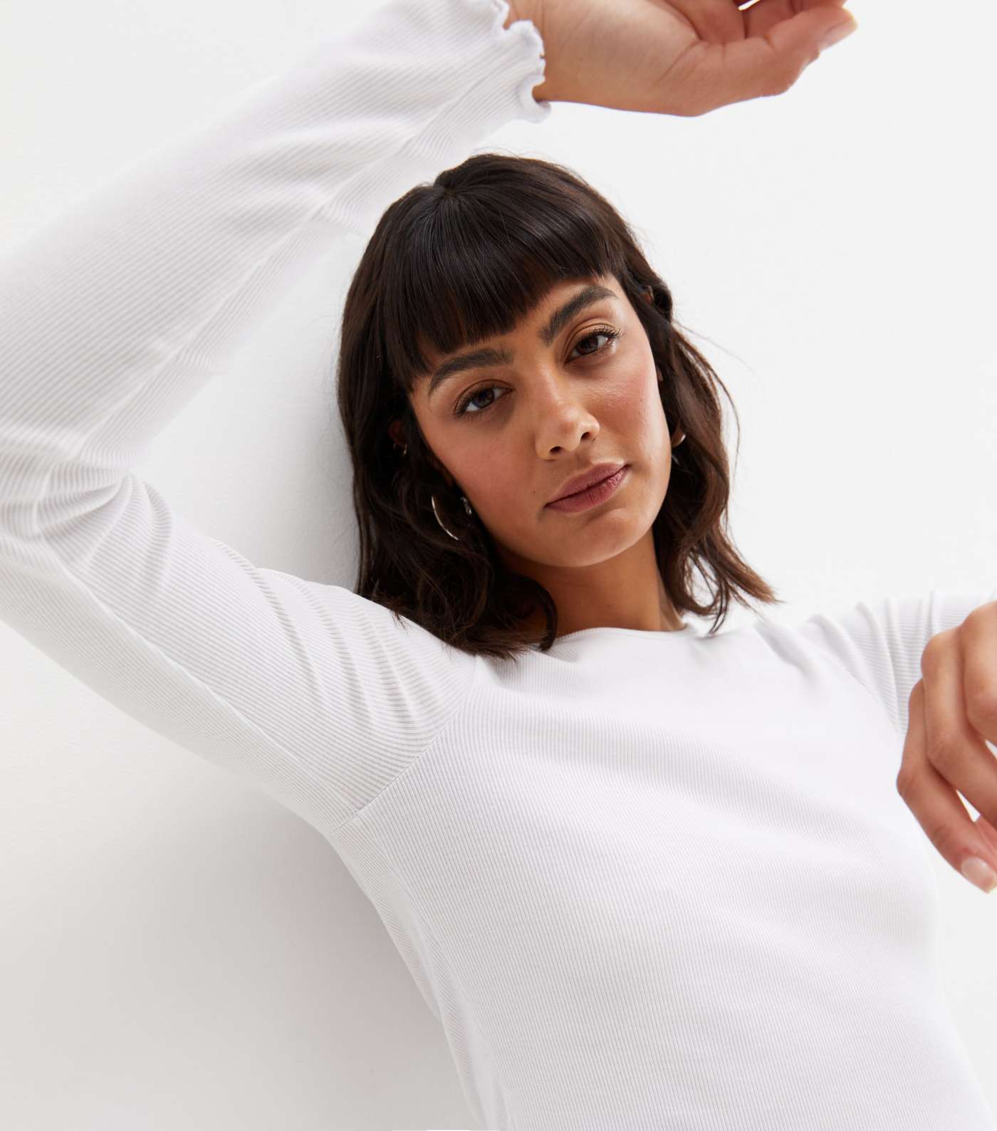 White Ribbed Frill Long Sleeve Top