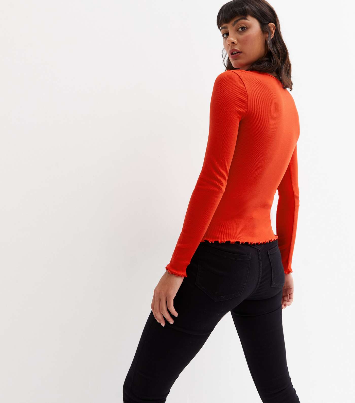 Red Ribbed Frill Long Sleeve Top Image 4