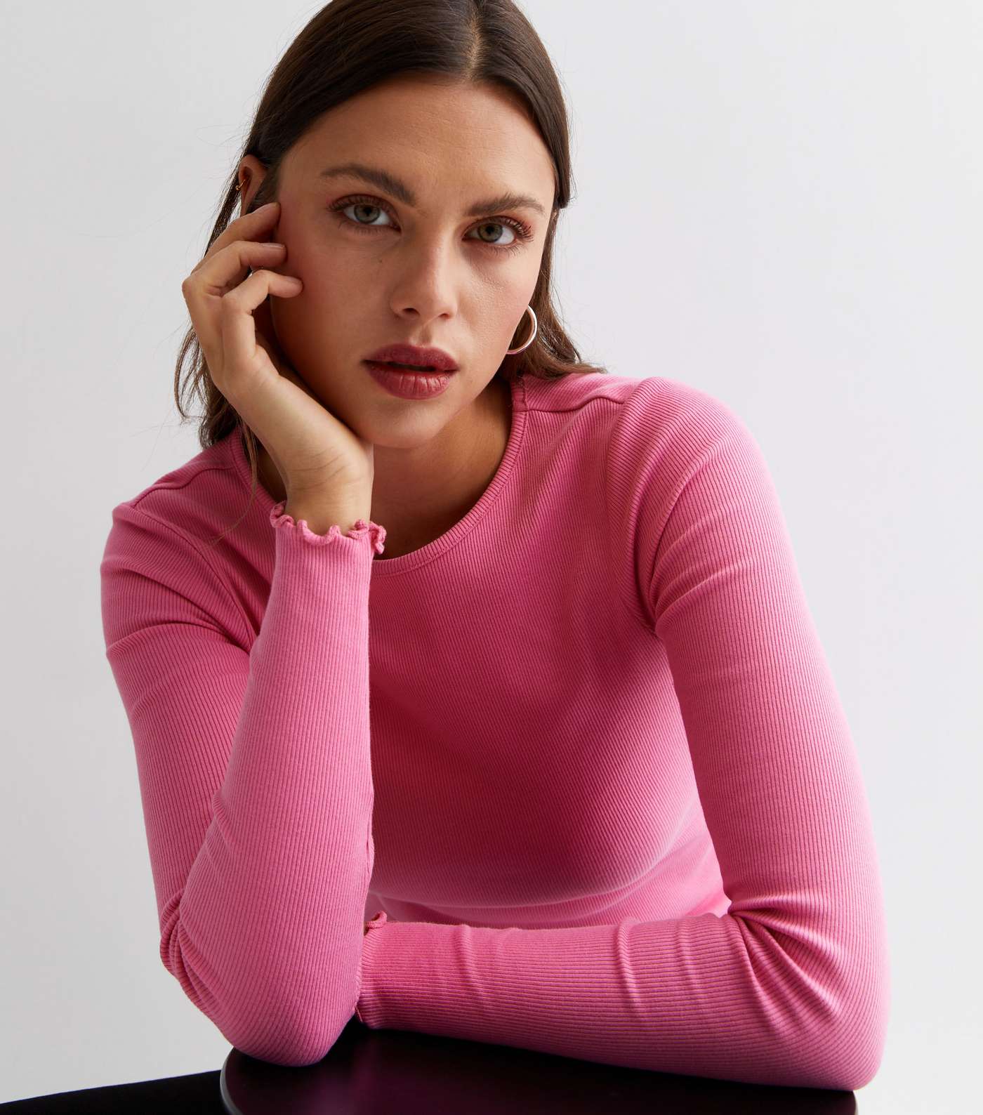 Mid Pink Ribbed Frill Long Sleeve Top