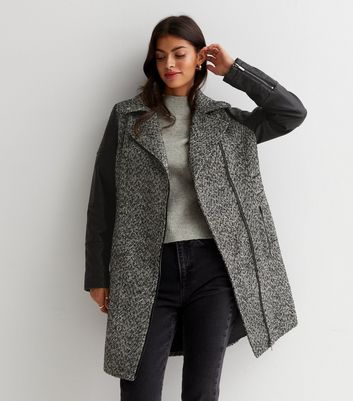 Grey coat with leather sleeves best sale