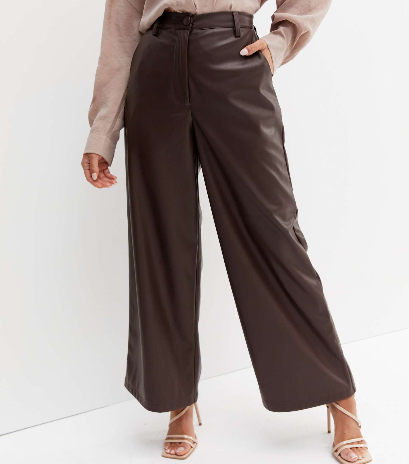 Petite Dark Brown Leather-Look Wide Leg Trousers Image 2