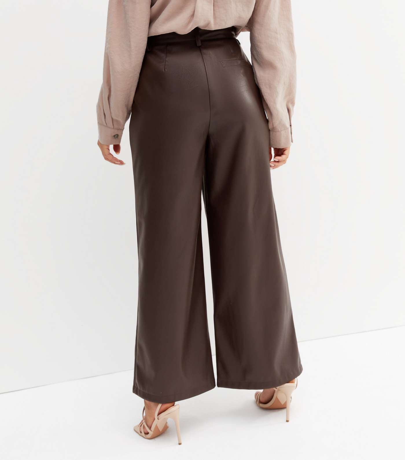 Petite Dark Brown Leather-Look Wide Leg Trousers Image 4