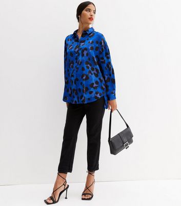 Blue Leopard Print Satin Oversized Shirt New Look