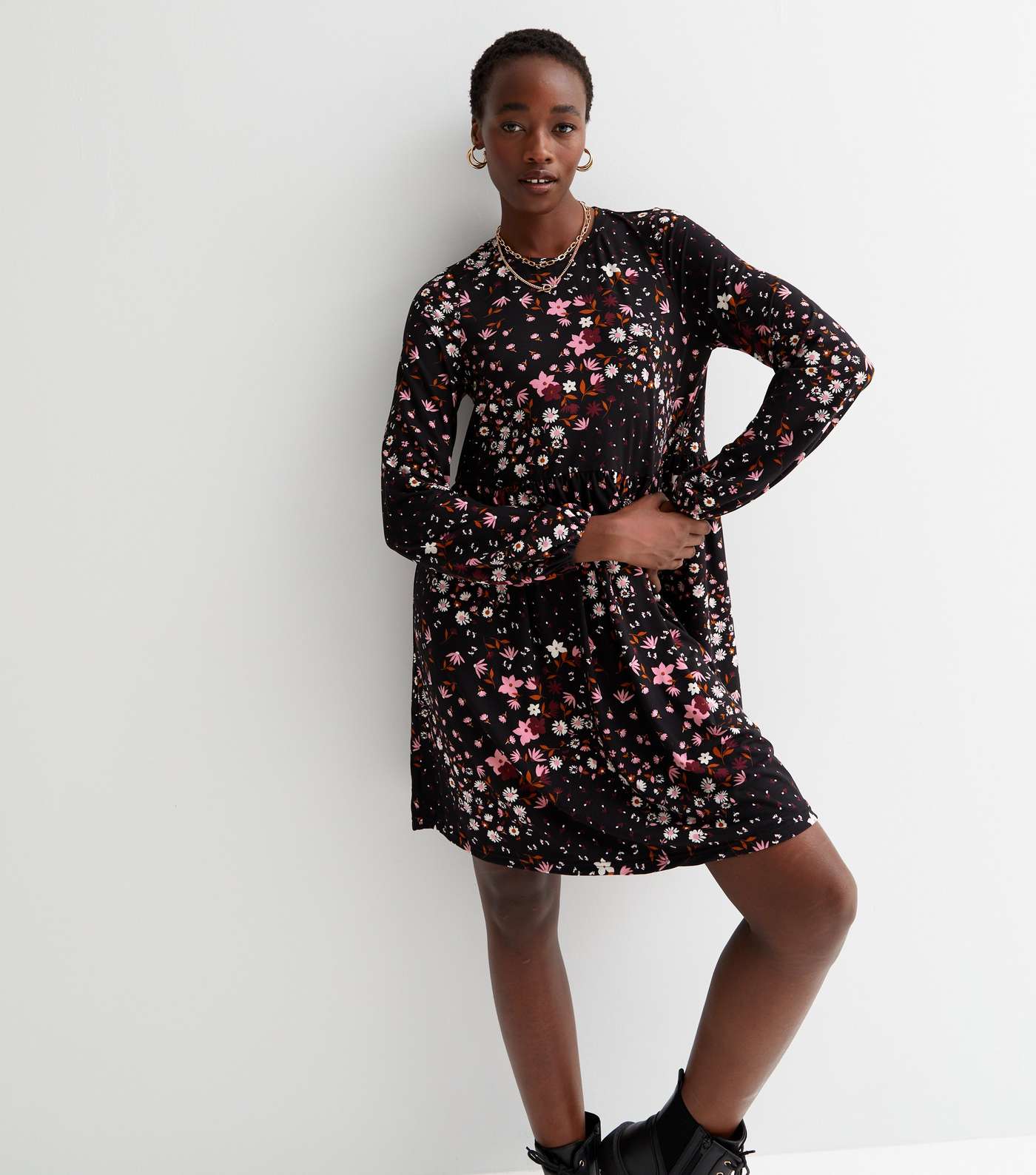Tall Black Floral Soft Touch Long Sleeve Mini Dress