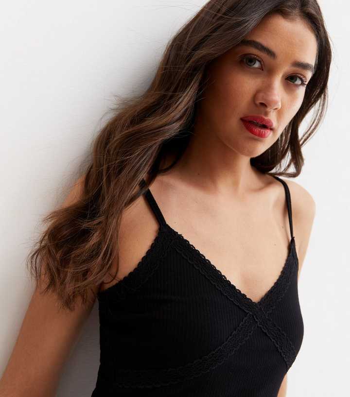 New Look lace trim cami top in black